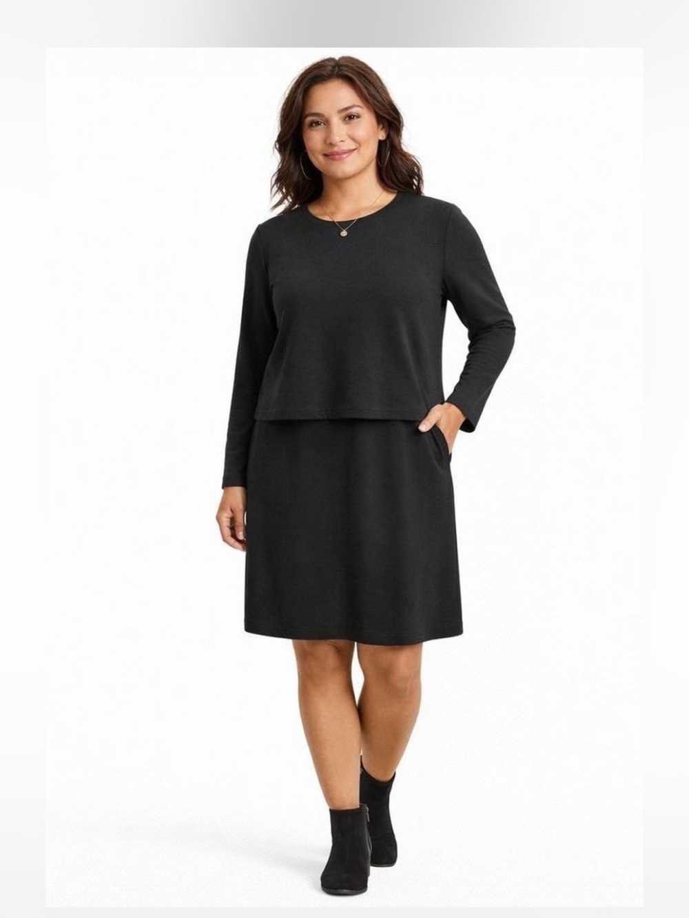 Classic Black Long-Sleeve Layered Tencel Blend Dress